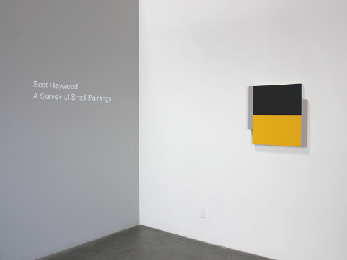 Artist: Scot Heywood, Title: Installation view of Scot Heywood: A Survey of Small Paintings. Poles Black, Yellow, Gray, 2012. - click for larger image